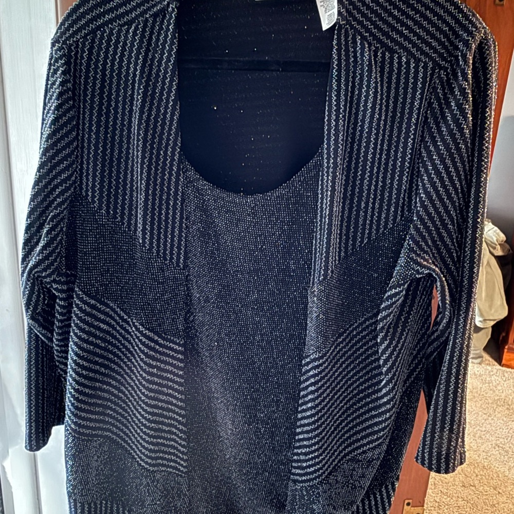Alfred Dunner Black Metallic Stripe Open-Front Cardigan